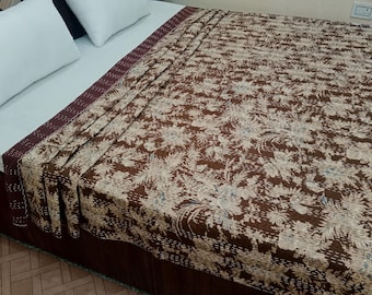Brown Kantha Bedcover Bedding Quilt Hand Block Floral Design Handblock Floral Print Kantha Throw Quilt Light Weight Block Print Quilted
