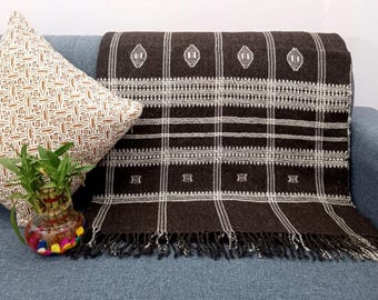 Indian Wool Throw Blanket - Handwoven Brown Decorative Sofa Throw, Room Décor, Boho Winter Quilts, Housewarming Gifts , One side Bordered
