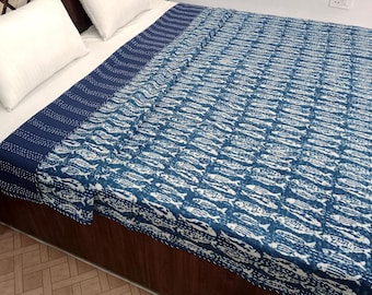 Hand Block Fish Kantha Quilt: 100% Cotton Bedspread, Hand-Stitched Bedding