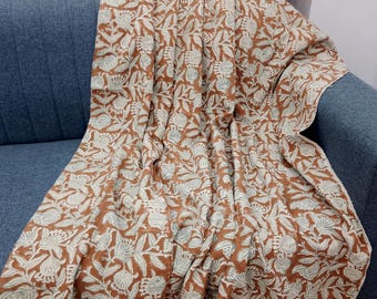 Hand Block Print Cotton Throw Blanket, Boho Tassels pillows and throw blankets