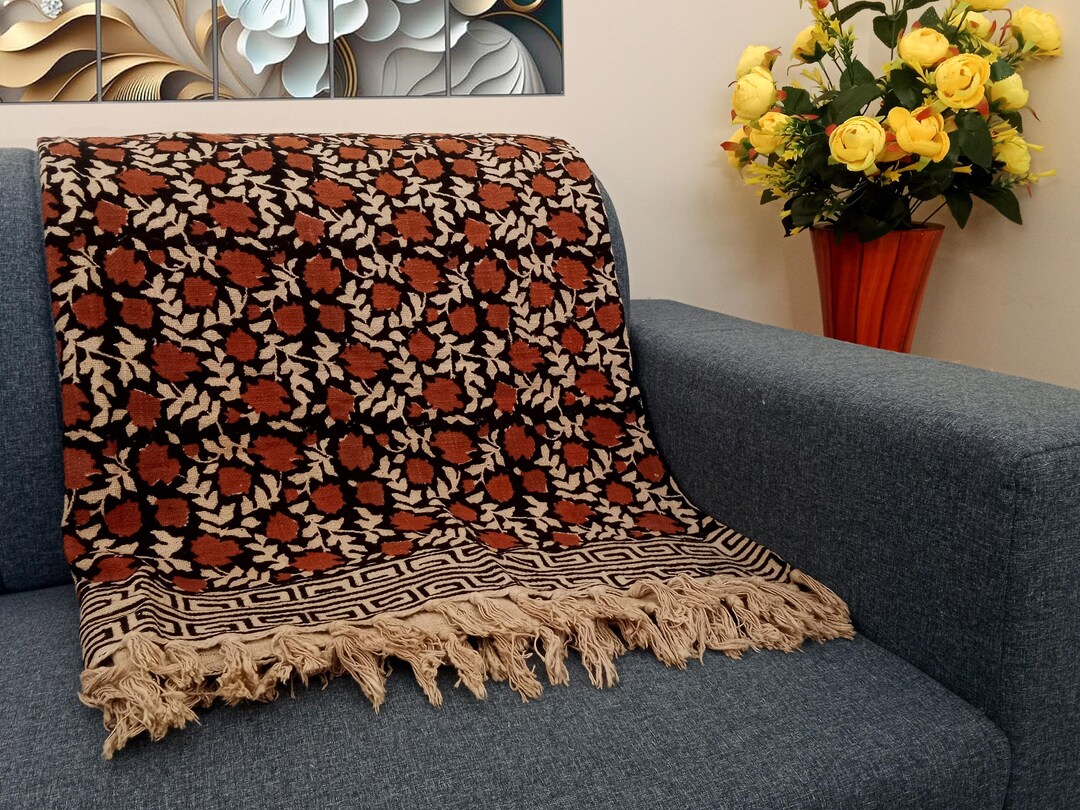 Floral Cotton Sofa Throw Blanket, Hand Woven Fringe - Etsy