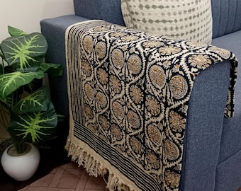 Premium Handmade Sofa block Print Cotton Throw Blanket Room Decor Tassels Hand Loomed Lightweight Woven Decorative Throw Valentines Day Gift