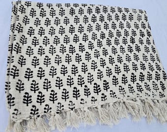 Black Floral Throw Hand Block Print Cotton Throw Blanket, Handloomed Lightweight Home Decor