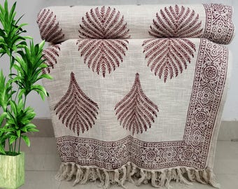 Premium Eco Friendly Blanket For Sofa Room Décor Throw Hand block Print Cotton Boho Blanket Tassels Hand Loomed Lightweight Decorative Throw