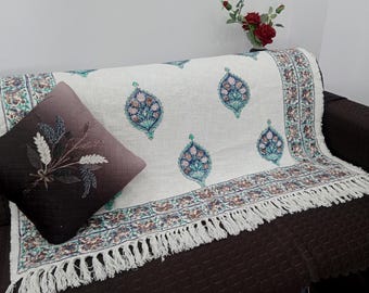 Premium Handmade Sofa Throw, Hand block Print Soft Cotton Blanket Room Décor Tassels Hand Loomed Lightweight Decorative Boho Bedding throw