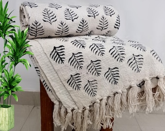 Sofa Throw Handmade Throw Handblock Print Throw Cotton Throw Blanket Sofa Room Décor Tassels Hand Loomed Lightweight Decorative throw