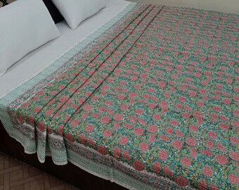 Luxury Valentine's Day Gift, Handmade Kantha Quilt, Hand Block Floral Print Bedding, Lightweight Kantha Bedcover, Vintage Throw Blanket