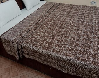 Brown Kantha Bedcover Bedding Quilt Hand Block Floral Design Handblock Floral Print Kantha Throw Quilt Light Weight Block print quilt
