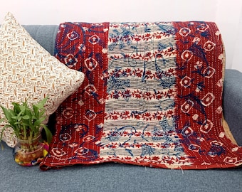 Premium Handmade Sofa Throw, Hand block Print Soft Cotton Blanket Room Décor Tassels Hand Loomed Lightweight Decorative Boho Bedding throw