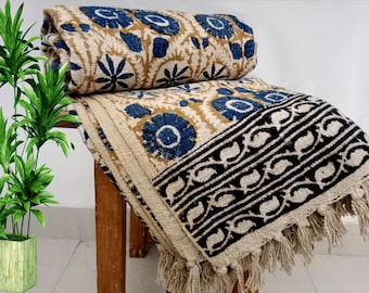 Sofa Throw Handmade Throw Handblock Print Throw Cotton Throw Blanket Sofa Room Décor Tassels Hand Loomed Lightweight Decorative throw