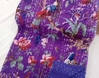 Floral Kantha Quilt Handmade Kantha Bedcover, Hand Block Floral Print Quilt Lightweight Kantha Throw, Pure Cotton Bedcover