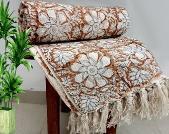 Premium Handmade Sofa Throw, Handblock Print Cotton Blanket, Lightweight Decorative Throw Tassels, Hand Loomed for Stylish Sofa & Room Décor