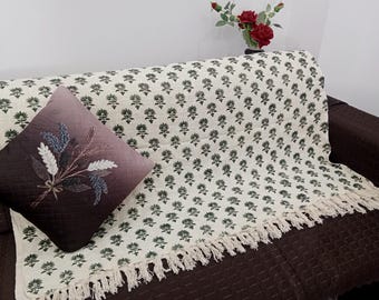 Premium Handmade Sofa Throw, Hand block Print Soft Cotton Blanket Room Décor Tassels Hand Loomed Lightweight Decorative Boho Bedding throw
