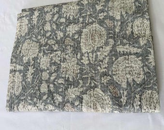 Handmade Floral Kantha Quilt - Lightweight Block Print Bedding
