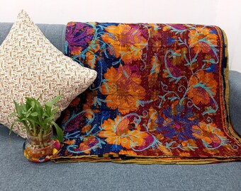 Reversible Embroidered Kantha Quilt Throw - Hand Block Print Cotton Sofa throw, Lightweight Blanket, Vintage Kantha Sofa Throw Home Decor