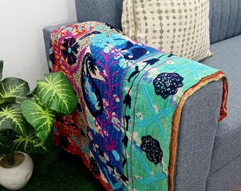 Premium Handmade Sofa Throw, Hand block Print Soft Cotton Blanket Room Décor Tassels Hand Loomed Lightweight Decorative Boho Bedding throw