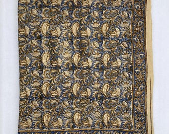 Premium Antique Blue Floral Hand Block Print Cotton Sofa Throw Soft Cotton Blanket Sofa Room Décor Tassels Hand Loomed Lightweight Throw