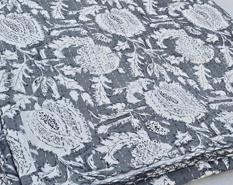 Blue Grey Quilt Floral Kantha Quilt Block print Quilt Lightweight Cotton Block Print Bedding