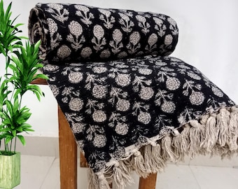 Premium Handblock Print Handmade Sofa Throw, Cotton Blanket with Tassels, Lightweight Decorative Throw, Hand Loomed for Stylish Room Décor