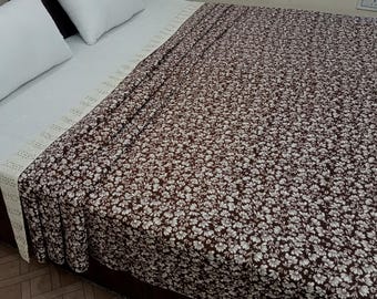 Brown Kantha Bedcover Bedding Quilt Hand Block Floral Design Handblock Floral Print Kantha Throw Quilt Light Weight Block print quilt