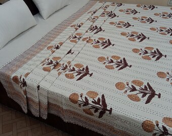 Handmade Kantha Bedcover Bedding Quilt Hand Block Floral Design Handblock Floral Print Kantha Throw Quilt Light Weight Block print quilt