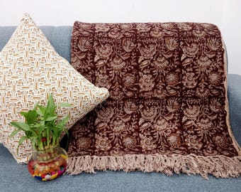 Premium Handmade Sofa Throw, Handblock Print Cotton Blanket, Lightweight Decorative Throw with Tassels, Hand Loomed for Sofa & Room Décor