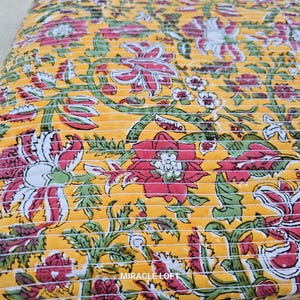 Floral Kantha Quilt: Organic Cotton Twin Bedspread, Indian Blanket