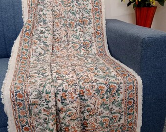 Handmade Sofa Throw block print Throw Cotton Throw Blanket Sofa Room Decor Tassels Hand Loomed Lightweight Woven Organic Cotton Throw