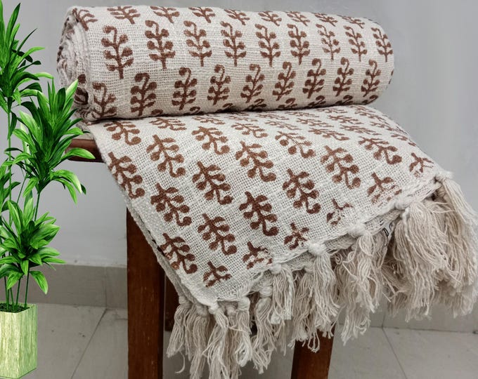 Featured listing image: Premium Hand block Print Cotton Sofa Decor, Soft Cotton Blanket Room Décor Tassels Hand Loomed Lightweight Decorative throw Boho Bedding