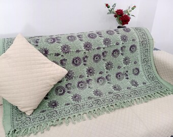 Premium Handmade Sofa Throw, Hand block Print Soft Cotton Blanket Room Décor Tassels Hand Loomed Lightweight Decorative Boho Bedding throw