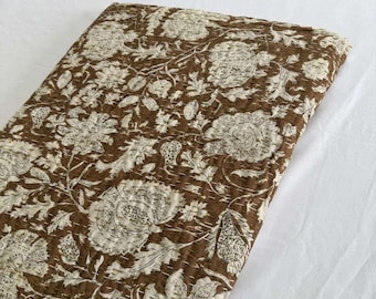Brown Floral Handmade Floral Block Print Kantha Quilt Bedding