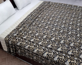 Floral Kantha Quilt Handmade Kantha Bedcover, Hand Block Floral Print Quilt Lightweight Kantha Throw, Pure Cotton Bedcover