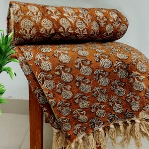 Premium Handmade Sofa Throw, Hand block Print Soft Cotton Blanket Room Décor Tassels Loomed Lightweight Decorative Boho Bedding