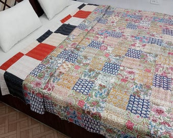 Reversible Floral Reversible Kantha Bedding Floral Print Kantha Throw Queen Quilt Cotton Light Weight Winter Summer bedding