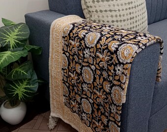 Handmade Sofa Throw block print Throw Cotton Throw Blanket Sofa Room Decor Tassels Hand Loomed Lightweight Woven Decorative Throw