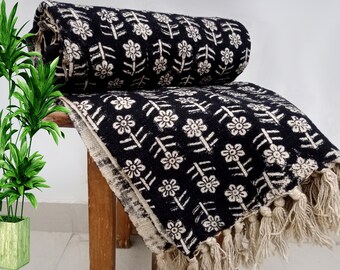 Premium Handmade Sofa Boho Bedding Throw, Hand block Print Cotton Throw Blanket Room Décor Tassels Hand Loomed Lightweight Decorative Throws