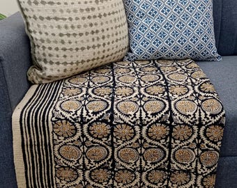 Luxury Valentine's Day Gift, Handmade Block Print Cotton Throw Blanket, Lightweight Woven Sofa Throw with Tassels, Boho Home & Room Décor