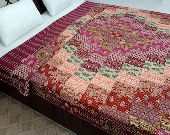 Patchwork Floral Kantha Bedding Floral Print Kantha Throw Queen Quilt Cotton Light Weight Winter Summer Vintage Blanket Bedding Bedspread