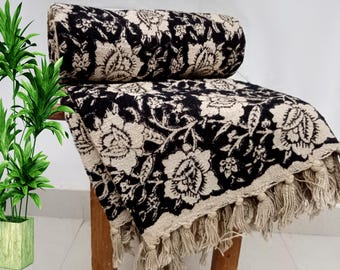 Premium Handmade Cotton Sofa Throw, Hand Block Print Blanket with Tassels, Lightweight Decorative Throw, Hand Loomed for Room Décor & Sofa