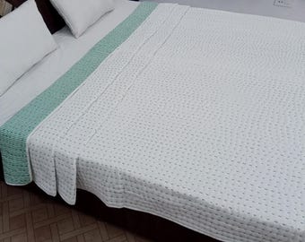 Reversible Organic Cotton Kantha Quilt, Handmade Indian Solid Quilt,Soft Winter Bedding,Queen Size Blanket, Eco-Friendly Cozy Throw for Home