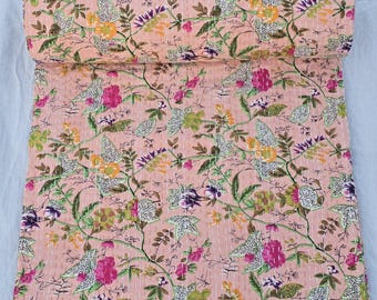 Peach Floral Block Print Kantha Quilt – Lightweight Cotton Bedding