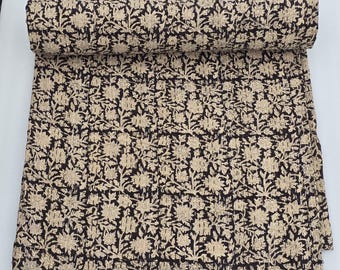 Black Floral Quilt Block Print Kantha Quilt, Hand Stitched Quilt Cotton Bedding Vintage Design