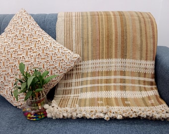 Indian Wool Throw Blanket, Handwoven Sofa Bobo Throw Designer Decorative Blanket for Living Room, Cottage Décor Gift For Home Decor