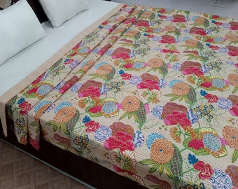 Floral Kantha Quilt Handmade Kantha Bedcover, Hand Block Floral Print Quilt Lightweight Kantha Throw, Pure Cotton Bedcover