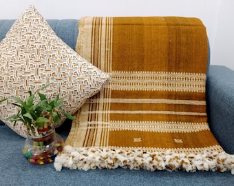 Indian Wool Throw Blanket, Handwoven Sofa Bobo Throw Designer Decorative Blanket for Living Room, Cottage Décor Gift For Home Decor