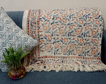 Premium Sofa Handmade Throw Hand block Print Throw Soft Boho Cotton Blanket Sofa Room Décor Tassels Hand Loomed Lightweight Decorative throw