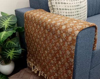 Luxury Valentine's Day Gift, Handmade Block Print Cotton Throw Blanket with Tassels Hand Loomed Lightweight Woven Decorative Sofa Room Decor