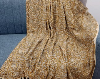 Hand Block Print Cotton Throw Blanket, Boho Tassels pillows and throw blankets