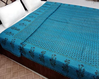 Premium Floral Handmade Kantha Bedcover Bedding Quilt Hand Block Floral Design Hand block Floral Print Kantha Quilt Floral Block print quilt