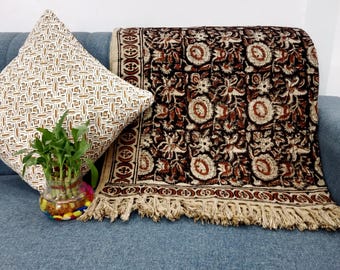 Premium Handmade Sofa Throw, Handblock Print Cotton Blanket, Lightweight Decorative Throw with Tassels, Hand Loomed for Sofa & Room Décor